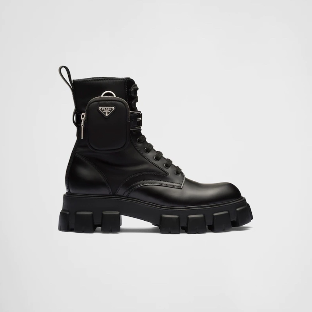 PRADA BOOTS (combat) size 43 Monolith brushed leather and nylon boots with pouch